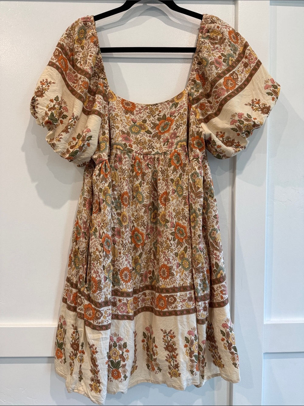 Cream Floral Midi Dress with Puff Sleeves